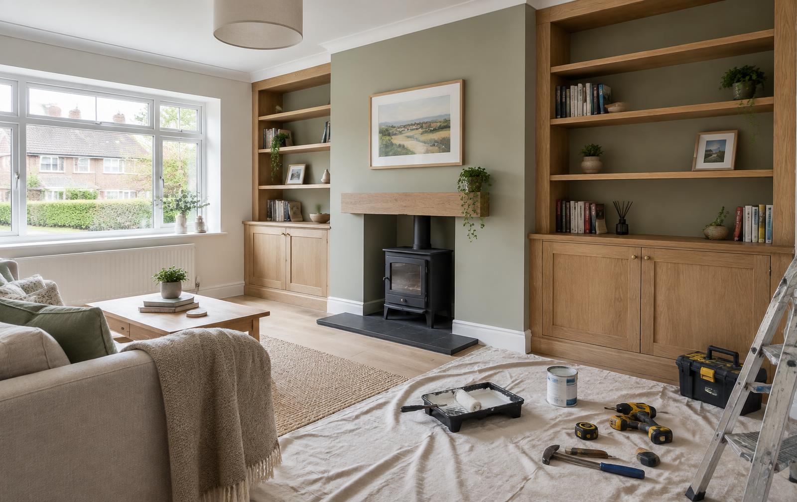 Freshly decorated living room with fitted oak alcove shelving